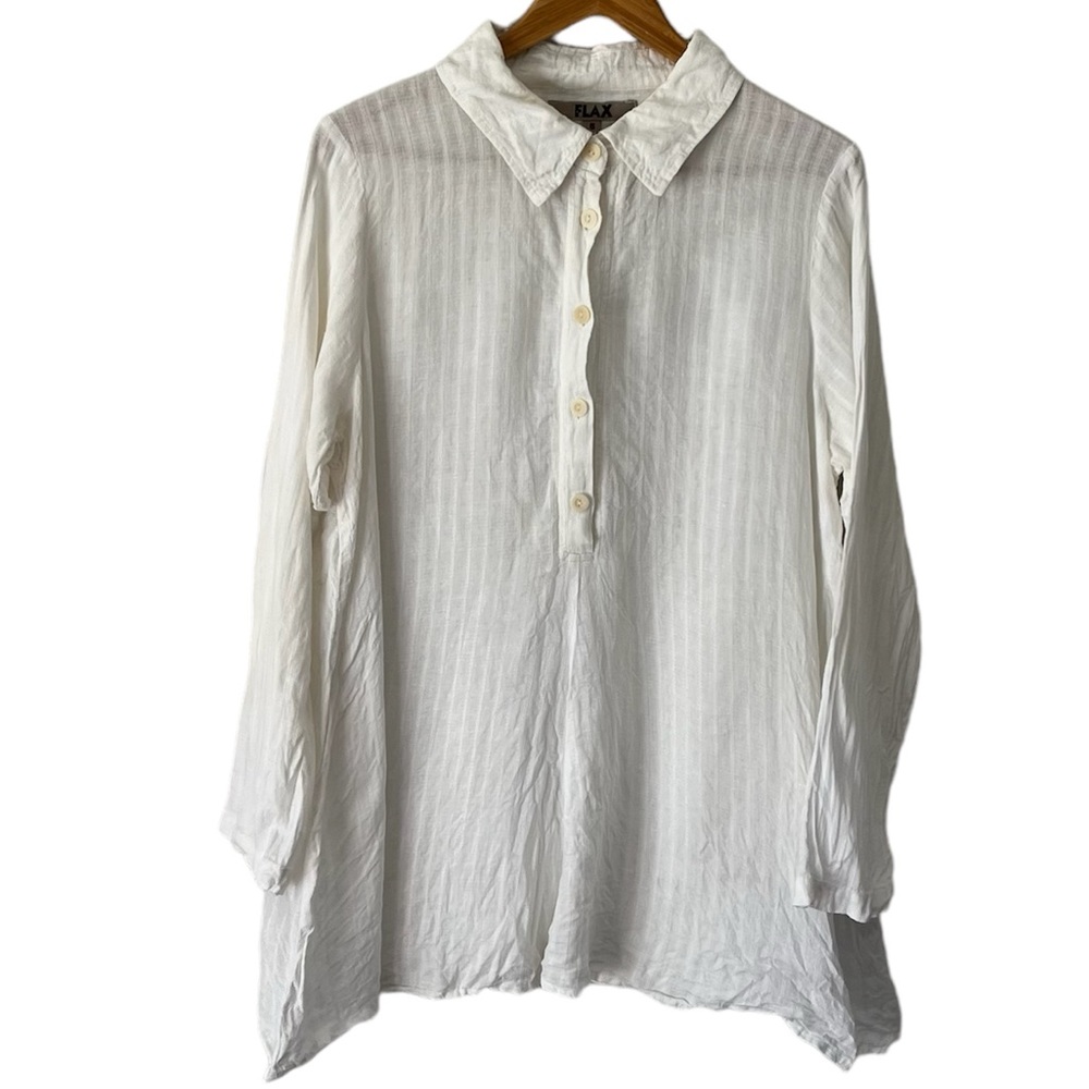 FLAX White Textured 100% Linen Tunic Quarter Button Size Small